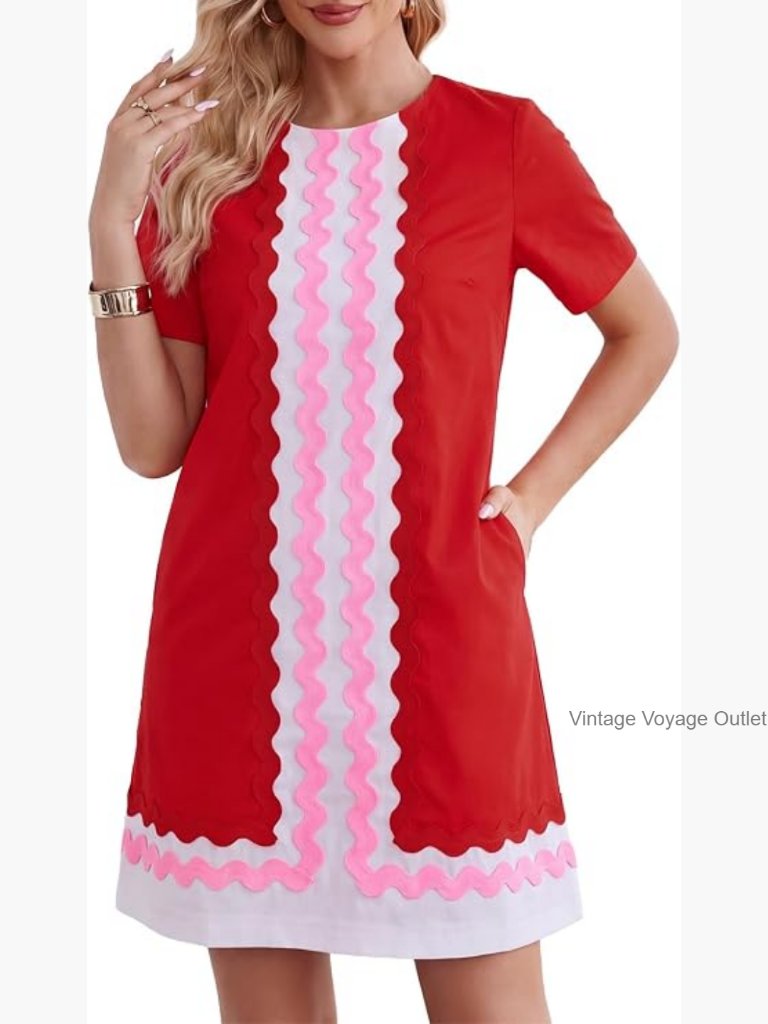 Women's Cotton Linen Shift Mini Dress With Pockets Ric Rac Trim Summer